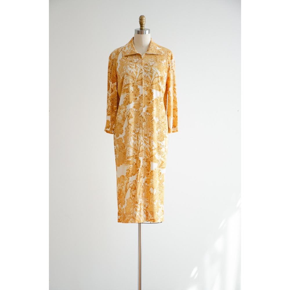 baroque vintage nightgown 70s white yellow toile patterned silky dress - Picture 2 of 7